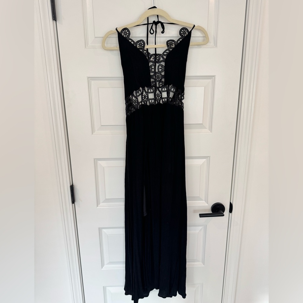 Shinestar Black Halter Maxi Dress with Crochet and Split